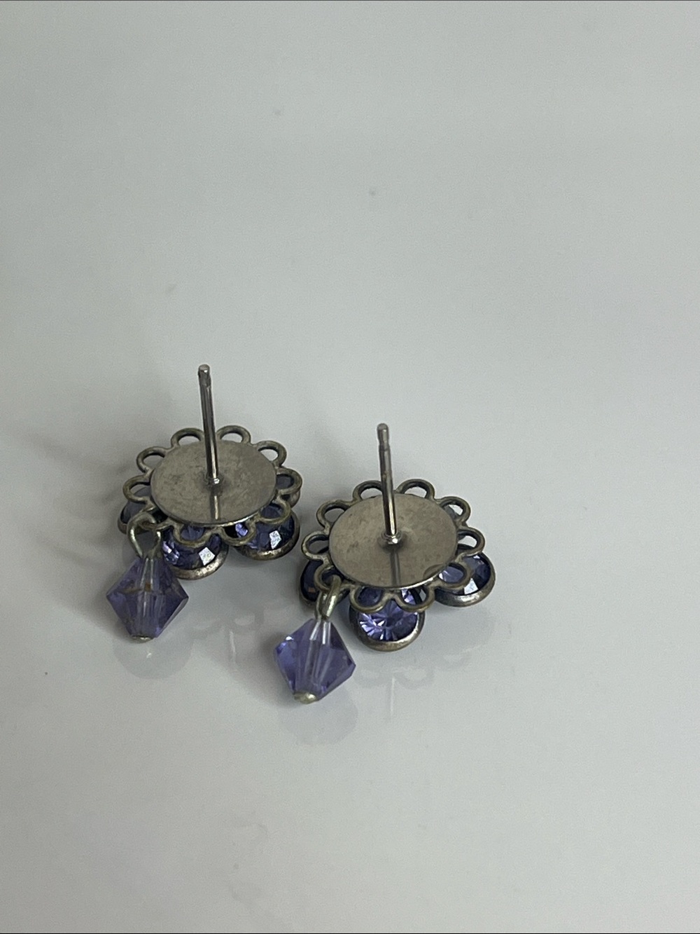 Purple Flower Drop Earrings with Dangling Crystal Beads - Picture 3 of 4